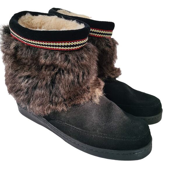 MINNETONKA Black Suede Faux Fur Sherpa Lined Ankle Moccasins 3779X Women's 9‎ - Picture 1 of 14